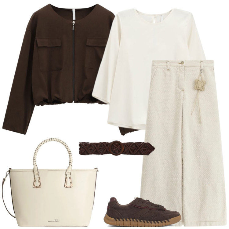 Outfit donna - Tempo libero. Stile Casual per Tutti i giorni. Abbinamento con cinture, pantaloni a palazzo, shopping bag, bomber, top, sneakers.