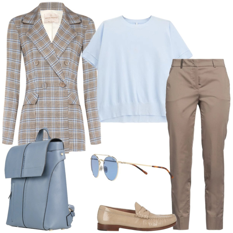 Outfit donna - Ufficio. Stile Casual chic per Tutti i giorni. Abbinamento con pantaloni, zaini, mocassini, t-shirt, blazer, occhiali da sole.