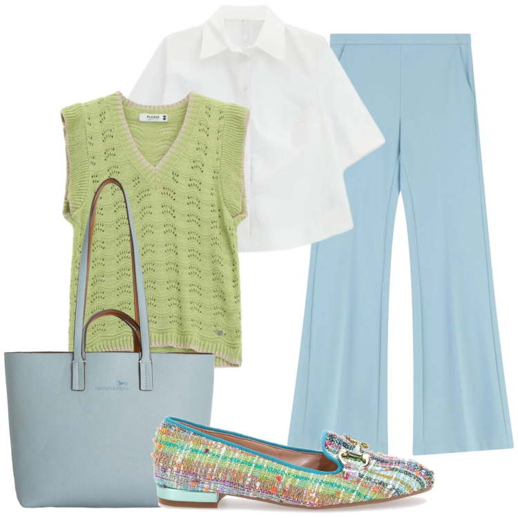 Outfit donna - Azzurro e verde. Stile Casual chic per Tutti i giorni. Abbinamento con camicie a manica corta, pantaloni, top, shopping bag, mocassini.