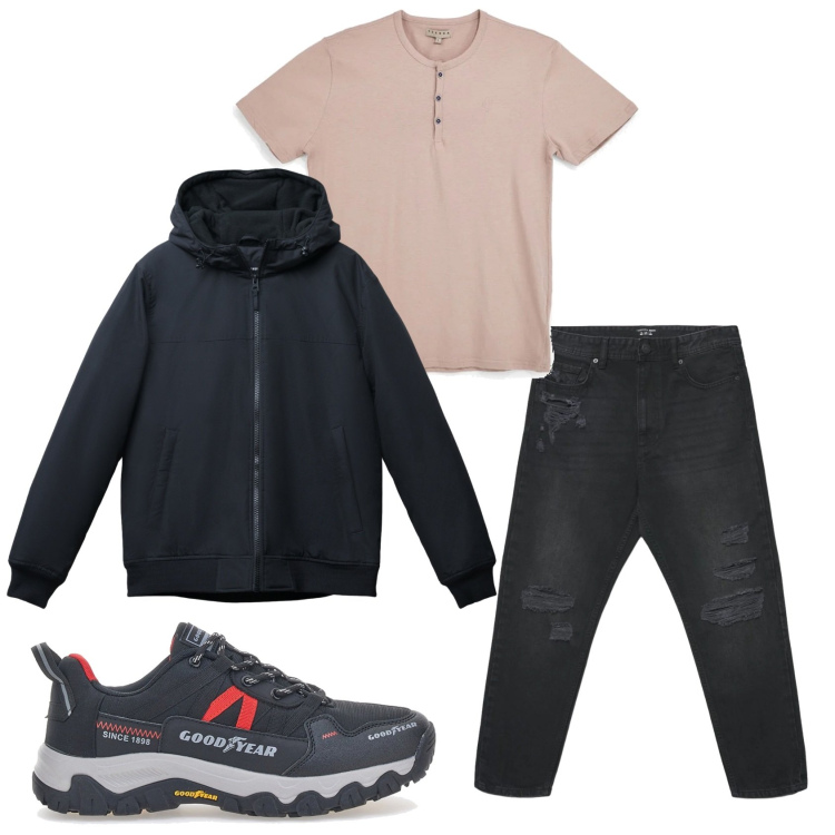 Outfit uomo - Total look #2377298. Stile Casual Abbinamento con jeans strappati, giacche, t-shirt, stivali e stivaletti.