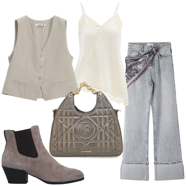 Outfit donna - Total look #2377299. Stile Casual chic per Tutti i giorni. Abbinamento con stivaletti chelsea, jeans, gilet, canottiere, borse a mano.
