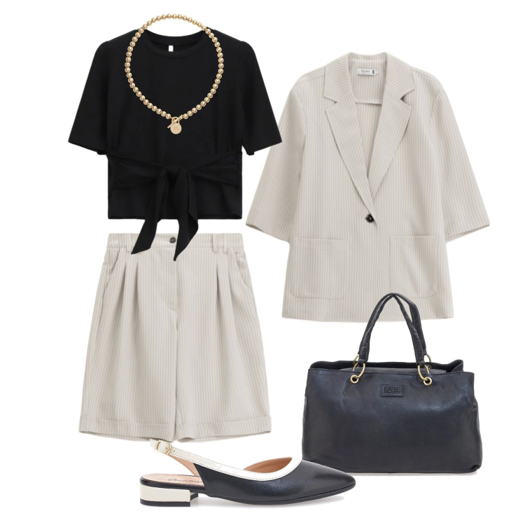Outfit donna - Completo in trend. Stile Trendy per Tutti i giorni. Abbinamento con bermuda, blazer, t-shirt, collane, ballerine, borse a mano.
