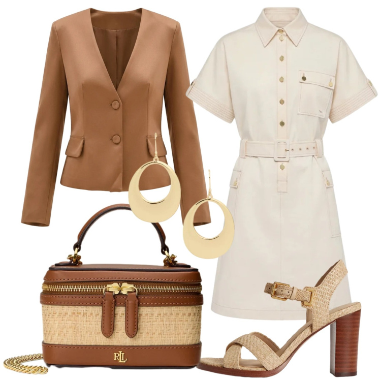 Outfit donna - Total look #2377303. Stile Chic per Tutti i giorni. Abbinamento con vestiti chemisier, blazer, sandali col tacco, borse a tracolla, orecchini.