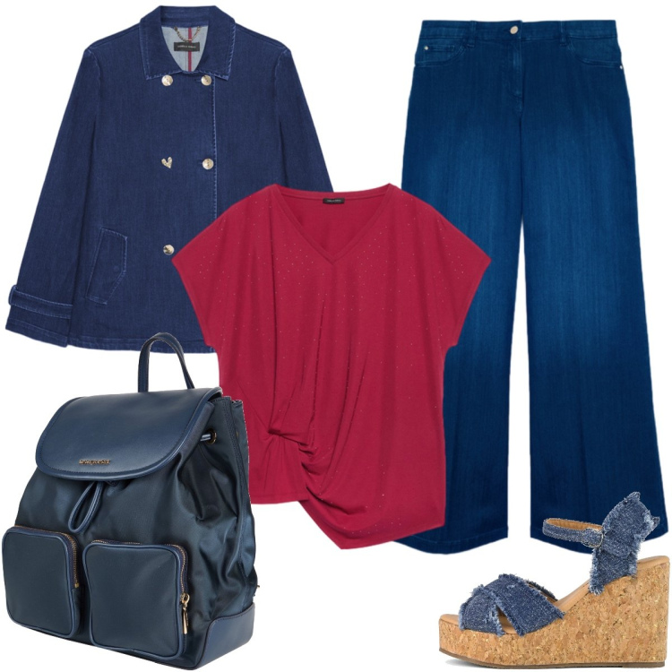 Outfit donna - Movimenti fluidi #040501. Stile Urban per Tutti i giorni. Abbinamento con zaini, t-shirt, trench, jeans, zeppe.