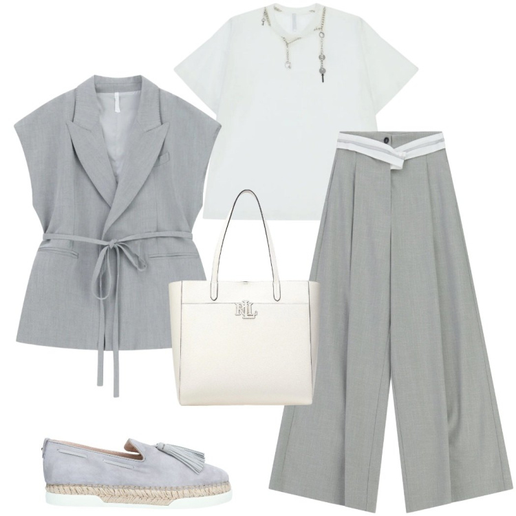 Outfit donna - Grigio in primavera. Stile Casual chic per Tutti i giorni. Abbinamento con espadrillas, pantaloni a palazzo, gilet, t-shirt, borse tote.