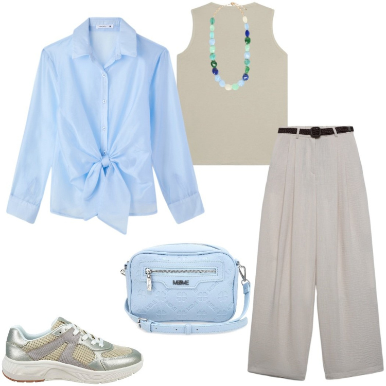 Outfit donna - Grigio in primavera. Stile Casual chic per Tutti i giorni. Abbinamento con camicie, pantaloni, collane, canottiere, sneakers, borse a tracolla.