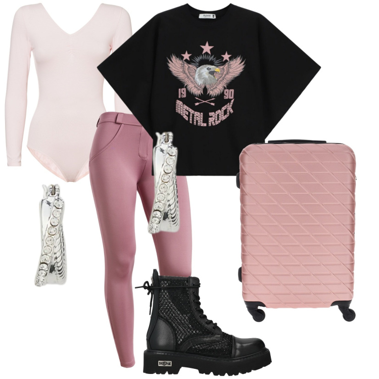 Outfit donna - Gooooooo!. Stile Rock per Tutti i giorni. Abbinamento con anfibi, t-shirt, body, pantaloni skinny, orecchini, valigie.