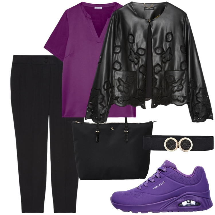 Outfit donna - Morbida pelle e toni prugna #040502. Stile Glamour per Serata fuori. Abbinamento con blazer, t-shirt, pantaloni, cinture, borse tote, sneakers.