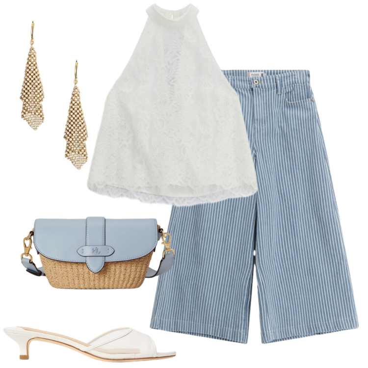 Outfit donna - Millerighe e macrame\'. Stile Romantica per Tutti i giorni. Abbinamento con jeans, top, orecchini, borse a spalla, sabot.