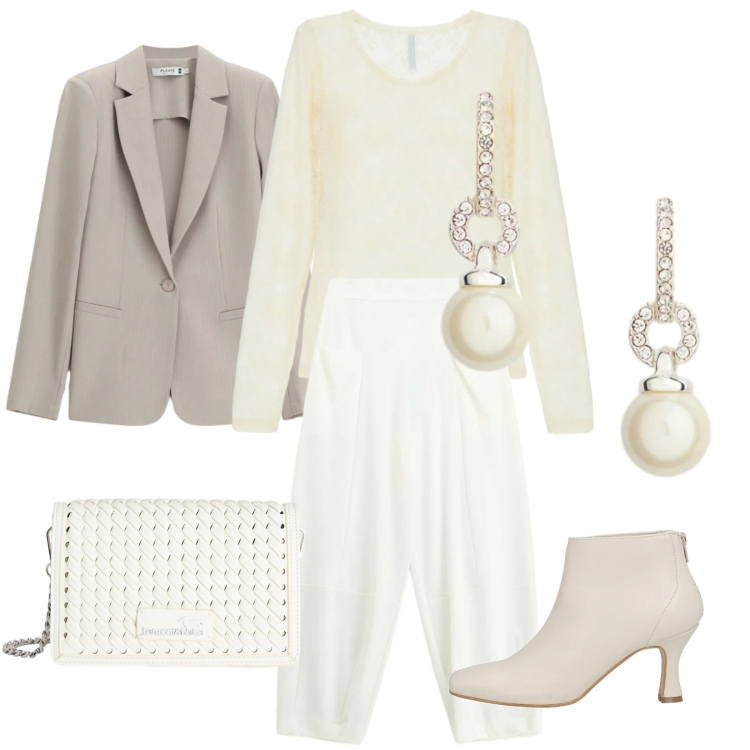 Outfit donna - Light. Stile Trendy per Serata fuori. Abbinamento con stivaletti, blazer, borse a tracolla, pantaloni a palazzo, bluse, orecchini.