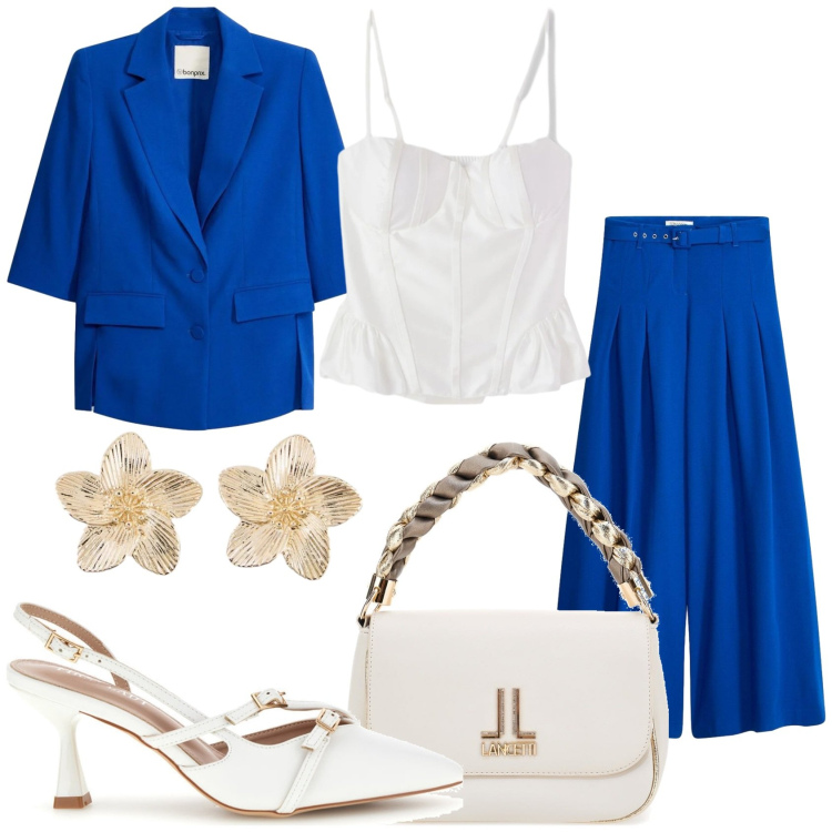 Outfit donna - Azzurro e bianco. Stile Chic per Cerimonia. Abbinamento con pantaloni, blazer, orecchini, top, borse a tracolla, décolleté.
