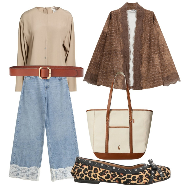 Outfit donna - Glamour in denim e pizzo. Stile Glamour per Tutti i giorni. Abbinamento con ballerine, camicie, cappotti, jeans, borse tote, cinture.