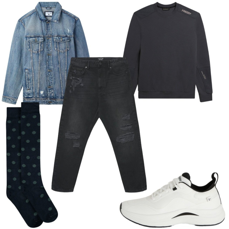 Outfit uomo - Total look #2377326. Stile Casual per Tutti i giorni. Abbinamento con sneakers, felpe, giacche, calzini, jeans strappati.
