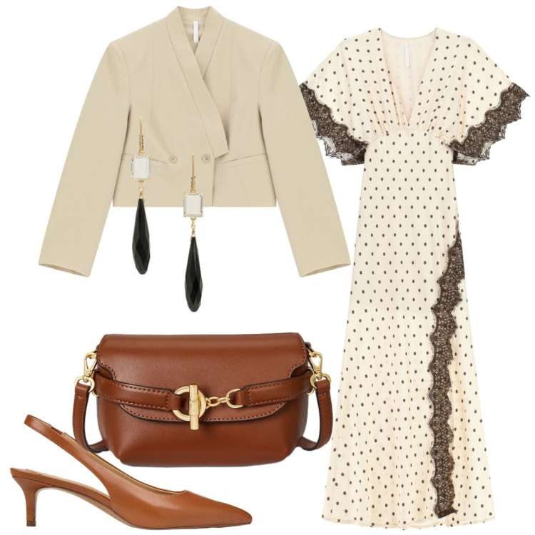 Outfit donna - Matrimonio privato. Stile Boho per Cerimonia. Abbinamento con vestiti lunghi, blazer, borse a tracolla, orecchini, décolleté.