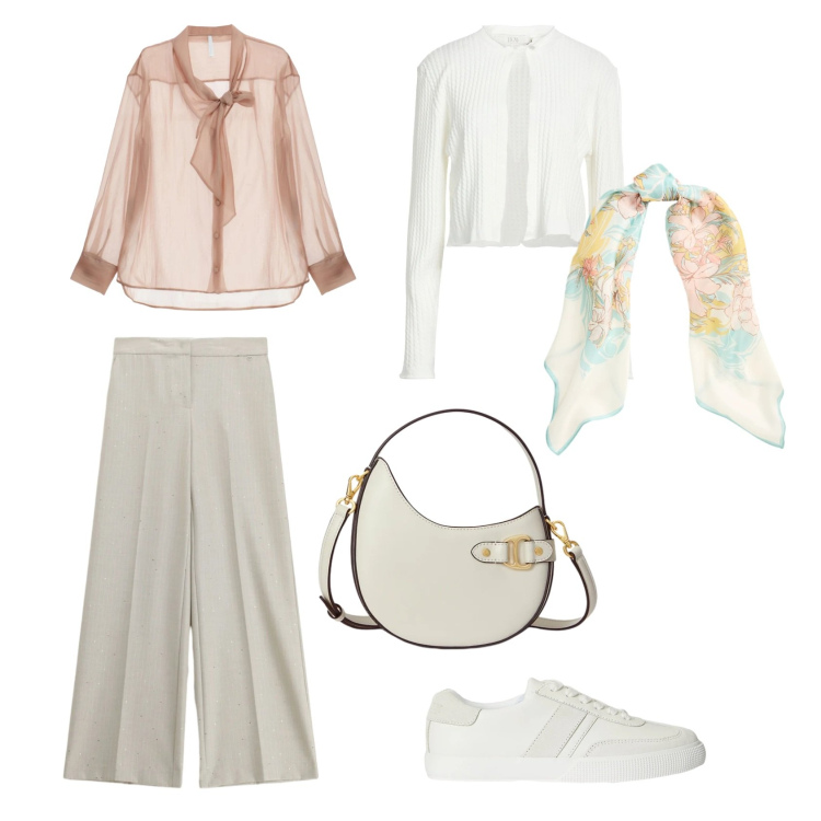 Outfit donna - Pasqua. Stile Casual chic per Ufficio. Abbinamento con cardigans, pantaloni a palazzo, camicie, borse a tracolla, sneakers, foulard.