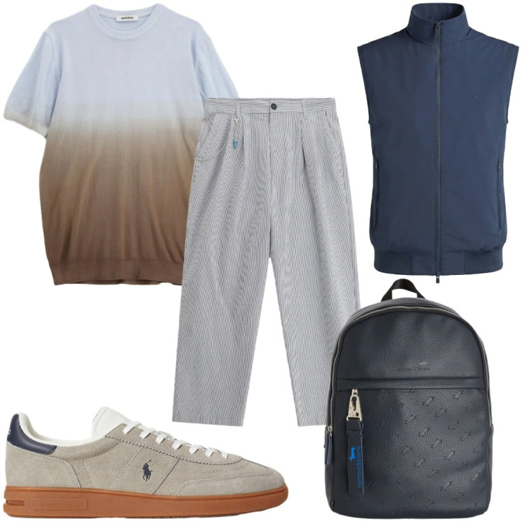 Outfit uomo - Total look #2377331. Stile Trendy per Tutti i giorni. Abbinamento con pantaloni, t-shirt, borse sportive, gilet, sneakers.