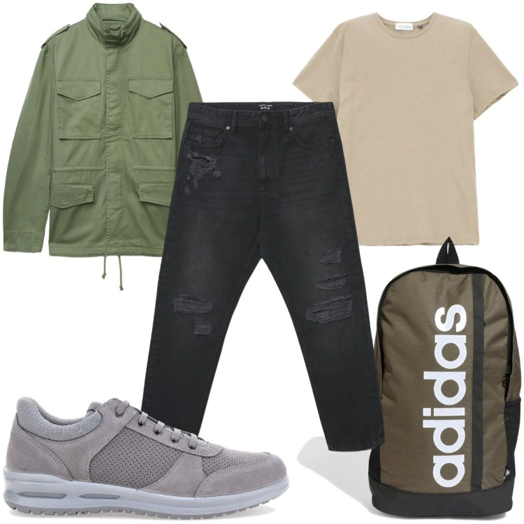 Outfit uomo - Total look #2377332. Stile Casual per Tutti i giorni. Abbinamento con cappotti, jeans strappati, t-shirt, borse sportive, sneakers.