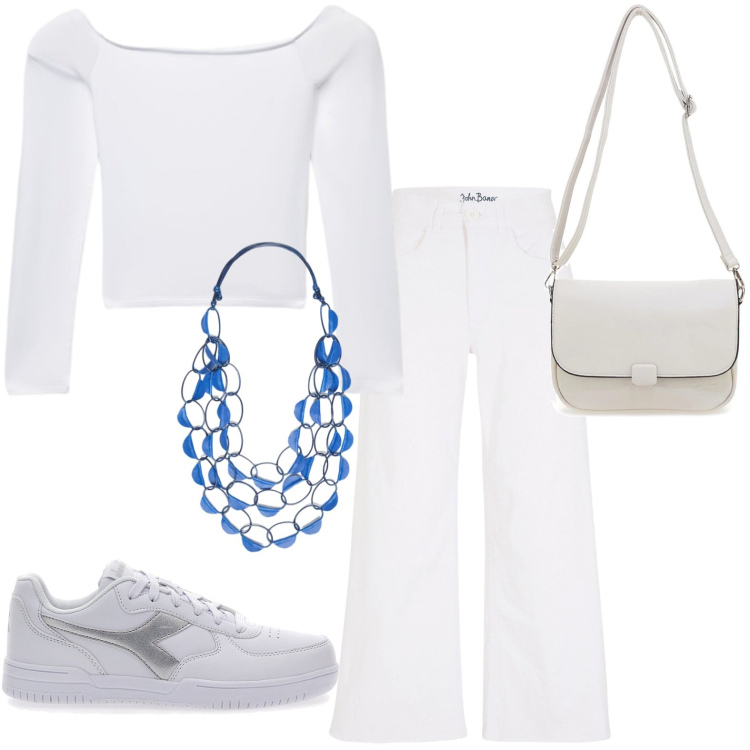 Outfit donna - Light as Cloud. Stile Sporty chic per Tutti i giorni. Abbinamento con jeans, t-shirt, collane, sneakers, borse a tracolla.
