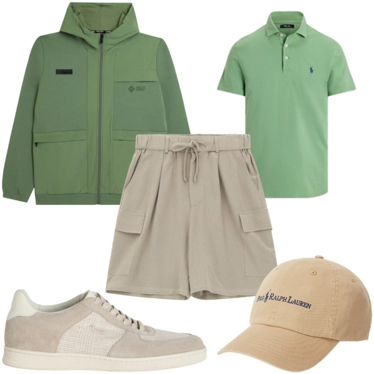 Outfit uomo - Total look #2377336. Stile Casual per Tutti i giorni. Abbinamento con sneakers, bermuda, felpe con cappuccio, cappelli, polo.