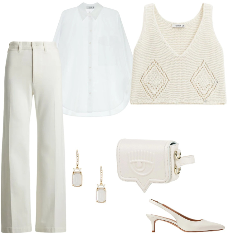 Outfit donna - Chic cloud. Stile Chic per Ufficio. Abbinamento con marsupi, top, camicie, décolleté, pantaloni, orecchini.