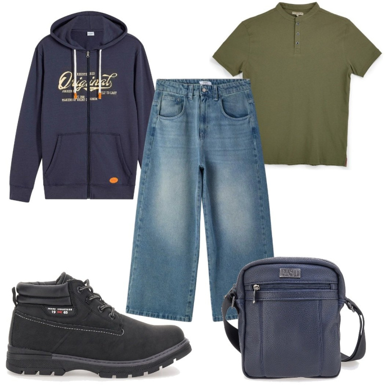 Outfit uomo - Total look #2377340. Stile Urban per Tutti i giorni. Abbinamento con felpe con cappuccio, jeans, t-shirt, anfibi, borse sportive.