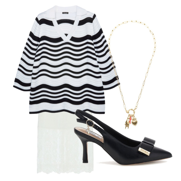 Outfit donna - Venerdì ufficio aprile. Stile Casual chic per Ufficio. Abbinamento con gonne longuette, maglieria, ciondoli, décolleté.