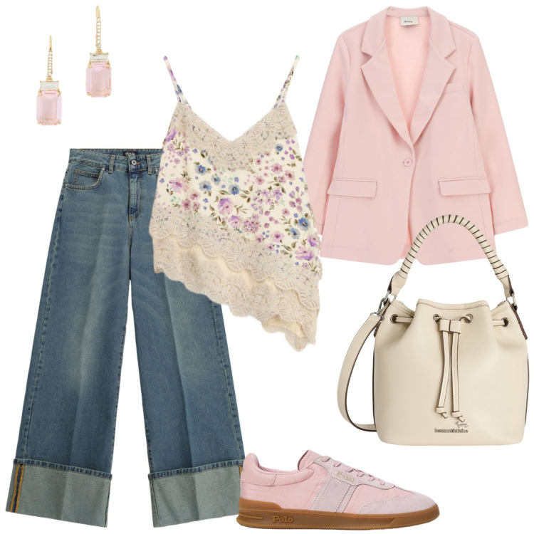 Outfit donna - Spring in sale. Stile Casual chic per Tutti i giorni. Abbinamento con top, jeans, blazer, borse a secchiello, orecchini, sneakers.