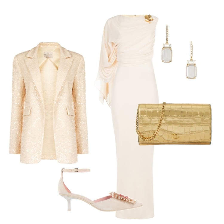 Outfit donna - Oggi sposi. Stile Glamour per Cerimonia. Abbinamento con décolleté, vestiti lunghi, blazer, orecchini, borse a tracolla.