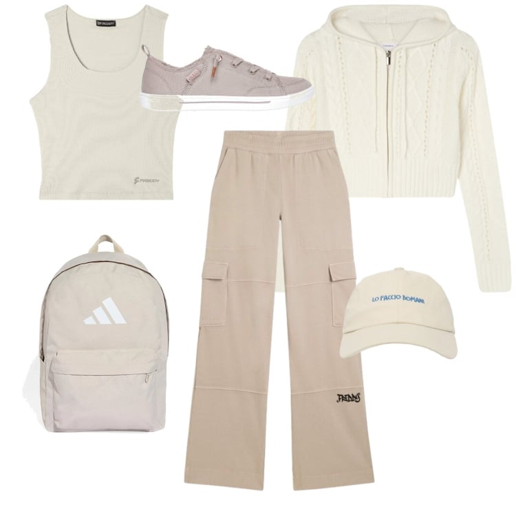Outfit donna - Free Sunday. Stile Casual per Sport. Abbinamento con cardigans, cappelli con visiera, pantaloni cargo, top, zaini, sneakers.
