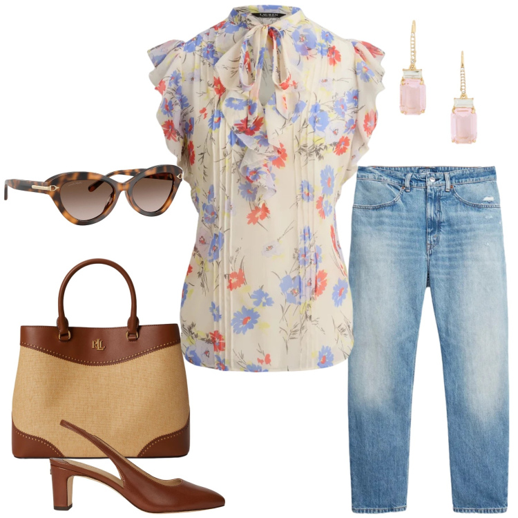 Outfit donna - Romantico Bon Ton. Stile Romantica per Tutti i giorni. Abbinamento con occhiali da sole, borse a mano, jeans, décolleté, orecchini, bluse.