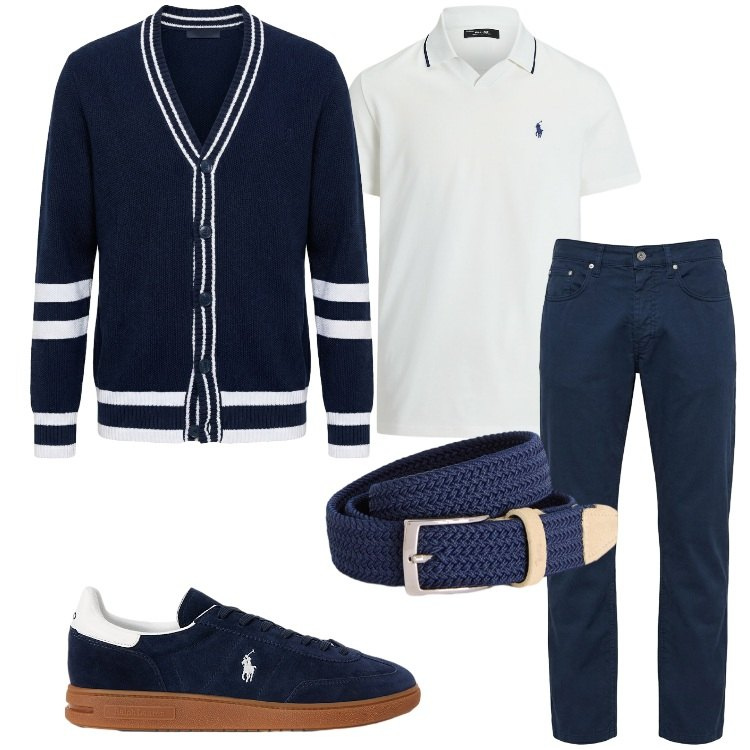Outfit uomo - Look da pranzo all’aperto. Stile Casual per Tutti i giorni. Abbinamento con cinture, pantaloni, cardigans, sneakers, polo.