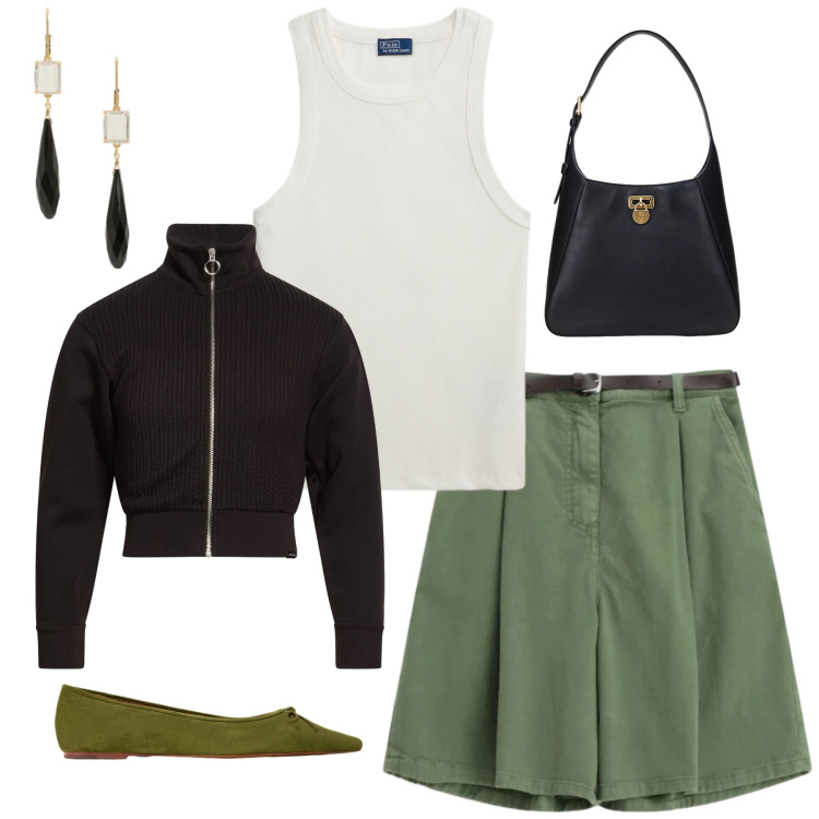 Outfit donna - Chic Utility. Stile Casual chic per Tutti i giorni. Abbinamento con cardigans, shorts, borse a spalla, ballerine, orecchini, canottiere.