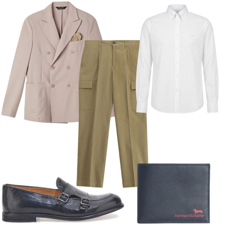 Outfit uomo - Total look #2377358. Stile Casual per Ufficio. Abbinamento con giacche, pantaloni cargo, portafogli, camicie, scarpe stringate.