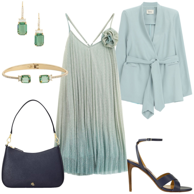 Outfit donna - Spring in sale. Stile Chic per Cerimonia. Abbinamento con vestiti corti, blazer, borse a spalla, sandali col tacco, orecchini, braccialetti.