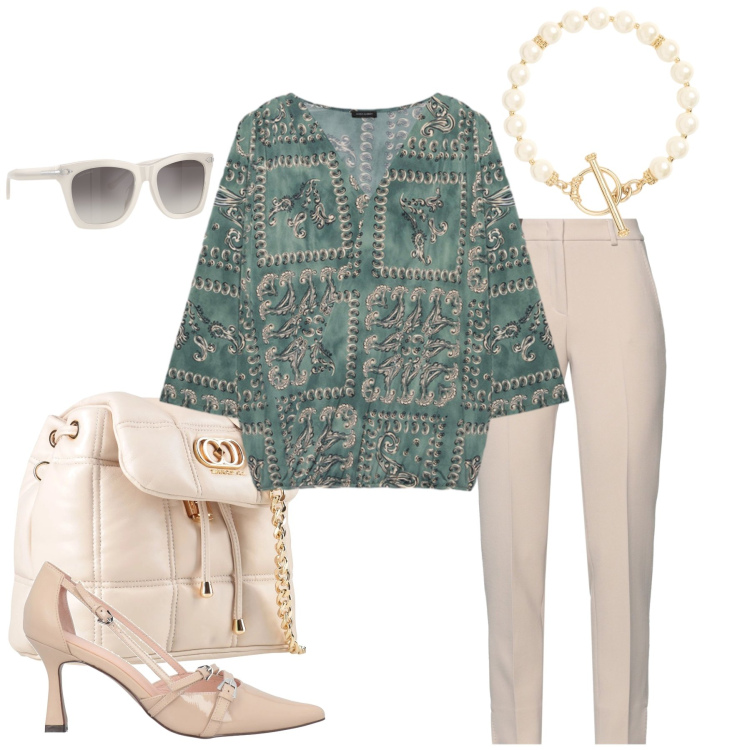 Outfit donna - Sogno Mediterraneo. Stile Casual chic per Tutti i giorni. Abbinamento con valigie, pantaloni, décolleté, t-shirt, occhiali da sole, braccialetti.