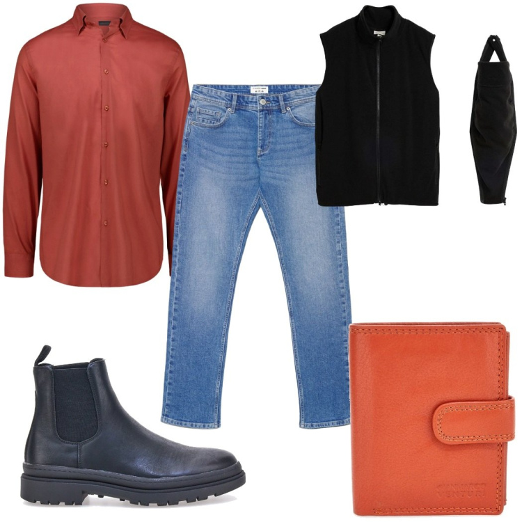 Outfit uomo - Total look #2377363. Stile Casual per Tutti i giorni. Abbinamento con gilet, portafogli, camicie, stivali e stivaletti, jeans.