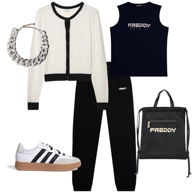 Outfit donna - Look sportivo. Stile Casual per Tutti i giorni. Abbinamento con cardigans, collane, pantaloni, zaini, canottiere, sneakers.