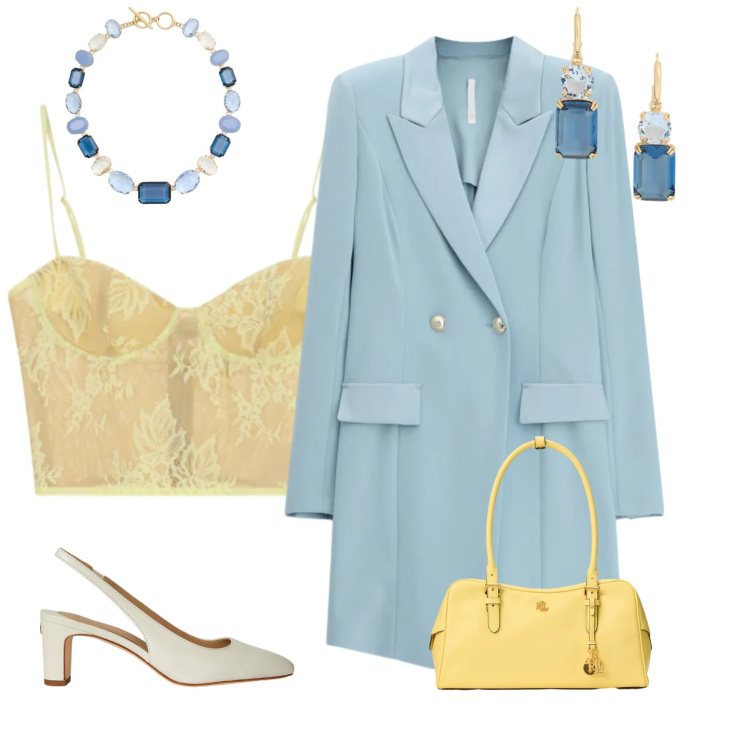 Outfit donna - Summer Soft in Primavera. Stile Chic per Tutti i giorni. Abbinamento con vestiti corti, canottiere, collane, borse a mano, orecchini, décolleté.