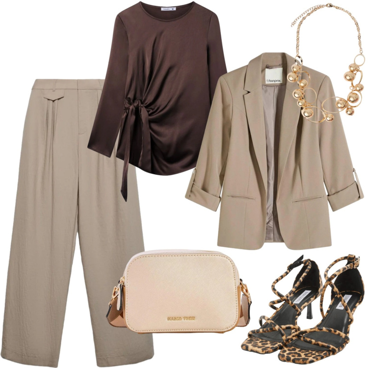 Outfit donna - Sandali grintosi slanciano la figura. Stile Casual per Tutti i giorni. Abbinamento con borse a tracolla, blazer, bluse, pantaloni, sandali col tacco, collane.