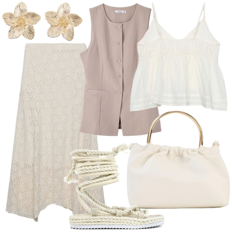 Outfit donna - Light as cloud. Stile Romantica per Tutti i giorni. Abbinamento con borse a tracolla, orecchini, gonne lunghe, gilet, canottiere, sandali.