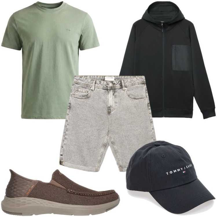 Outfit uomo - Total look #2377368. Stile Trendy per Tutti i giorni. Abbinamento con felpe con cappuccio, shorts, t-shirt, sneakers, cappelli con visiera.
