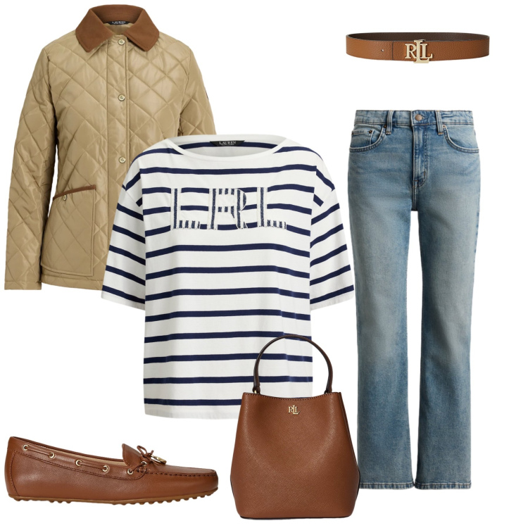 Outfit donna - Country Chic. Stile Casual chic per Tutti i giorni. Abbinamento con cinture, mocassini, t-shirt, giacche, jeans dritti, borse a secchiello.