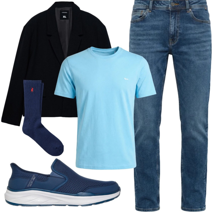 Outfit uomo - Stile urban in denim #040502. Stile Urban per Tutti i giorni. Abbinamento con giacche, t-shirt, jeans, calzini, sneakers.