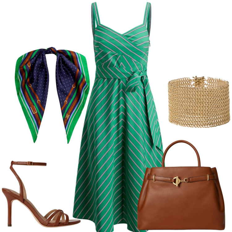 Outfit donna - Vibrazioni Smeraldo. Stile Romantica per Tutti i giorni. Abbinamento con vestiti, borse a mano, foulard, sandali in pelle, braccialetti.