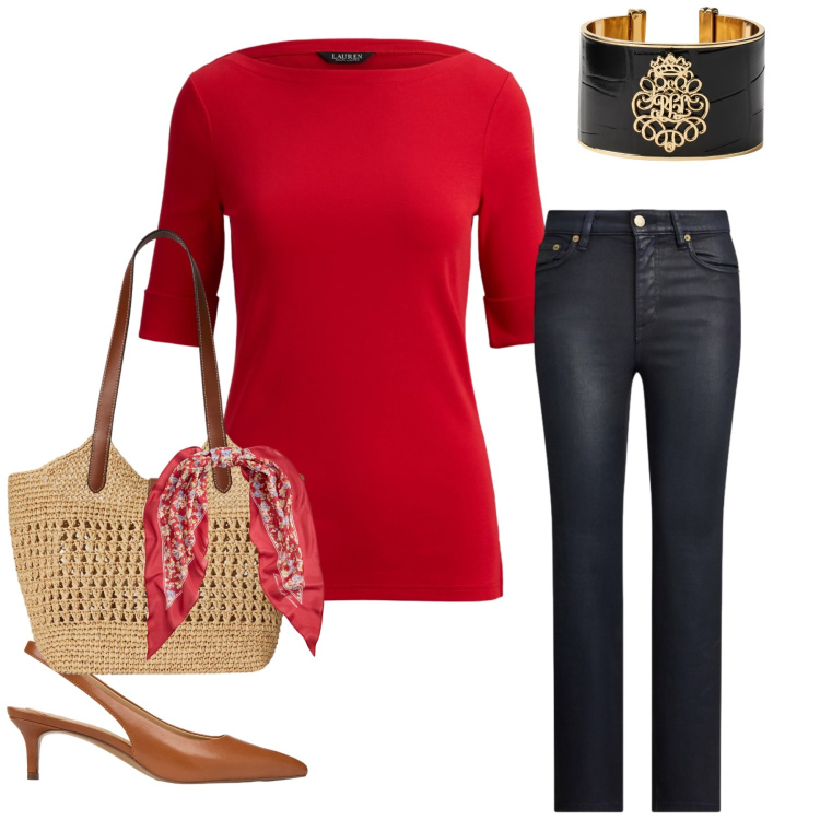 Outfit donna - Rouge & Denim. Stile Casual chic per Tutti i giorni. Abbinamento con jeans dritti, braccialetti, borse tote, décolleté, foulard, t-shirt.