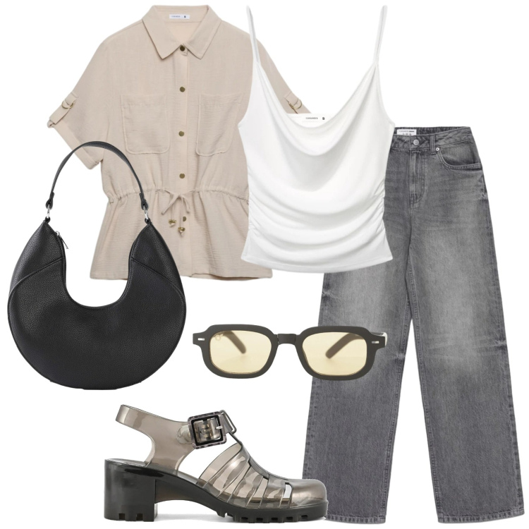 Outfit donna - Curve in movimento. Stile Casual per Tutti i giorni. Abbinamento con borse a mano, occhiali da sole, sandali col tacco, jeans, canottiere, camicie a manica corta.