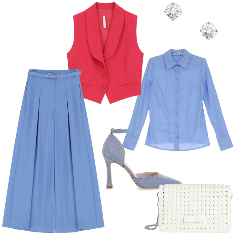 Outfit donna - Denim chiaro e rosso. Stile Casual chic per Serata fuori. Abbinamento con camicie, borse a tracolla, pantaloni a palazzo, gilet, orecchini, décolleté.