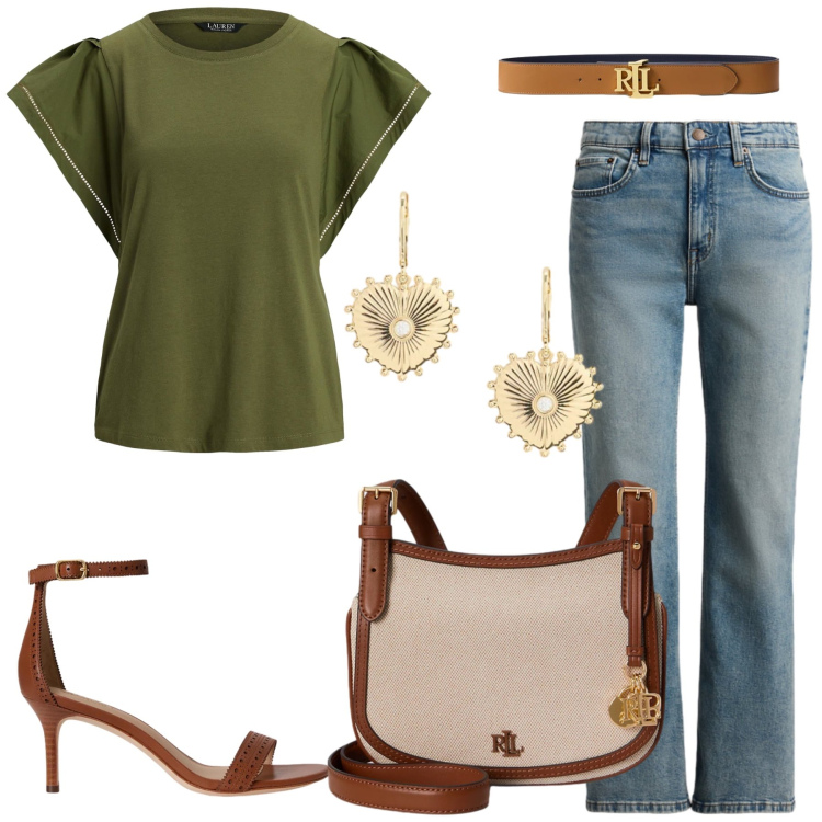 Outfit donna - Olive & Gold. Stile Casual chic per Tutti i giorni. Abbinamento con top, jeans dritti, orecchini, cinture, borse a tracolla, sandali in pelle.