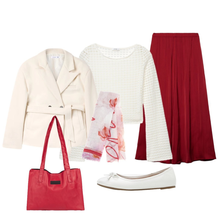 Outfit donna - Per aprile bianco e rosso. Stile Bon Ton per Tutti i giorni. Abbinamento con ballerine, gonne longuette, maglieria, blazer, shopping bag, foulard.