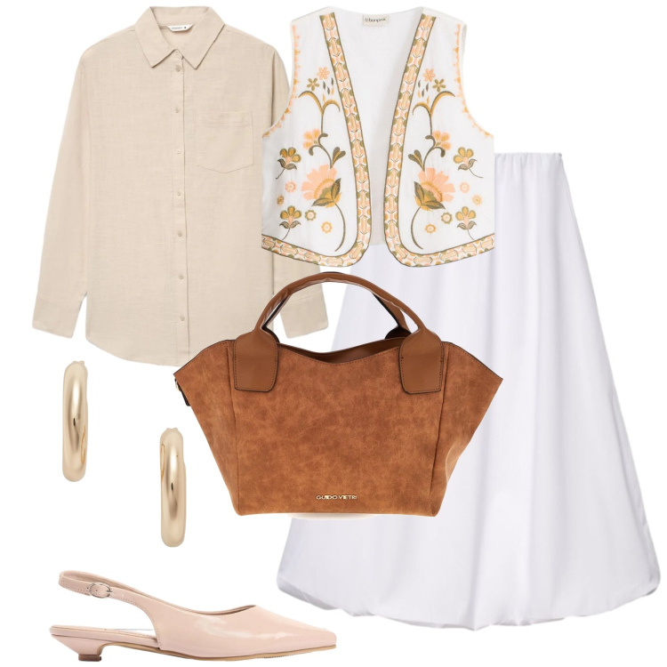 Outfit donna - Curve in movimento. Stile Bon Ton per Tutti i giorni. Abbinamento con gilet, sandali, gonne lunghe, camicie, orecchini, borse a mano.